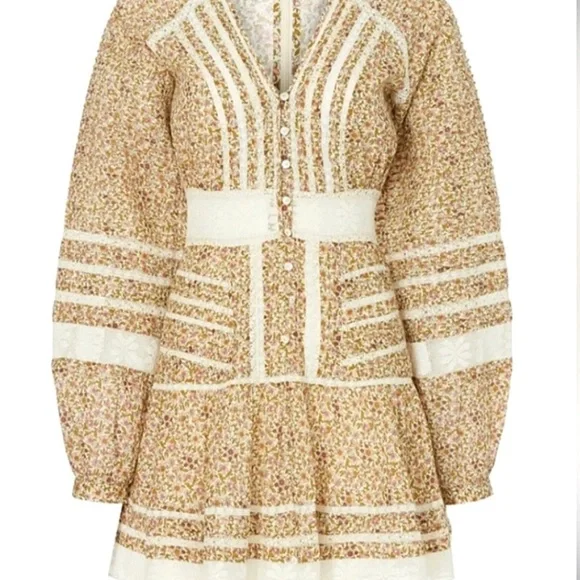 Veronica Beard Cream Brown green pink Mini Dress lace tiered l/s sz 8 - Picture 2 of 7